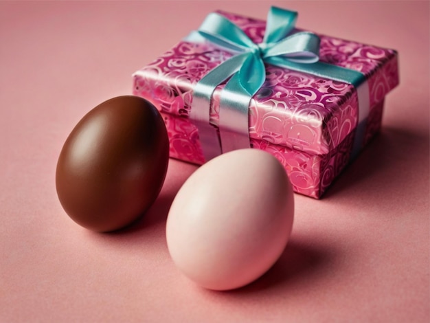 Photo chocolate eggs with gifts on a pink background