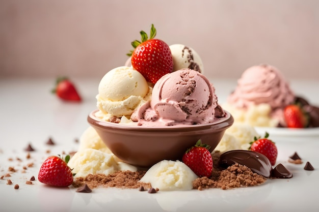 Photo chocolate vanilla and strawberry ice cream isolated on white