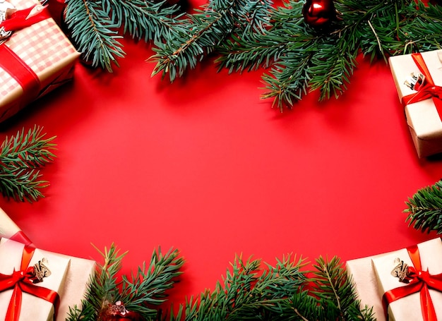 Photo christmas background decorated with festive gifts and fir branches on red background