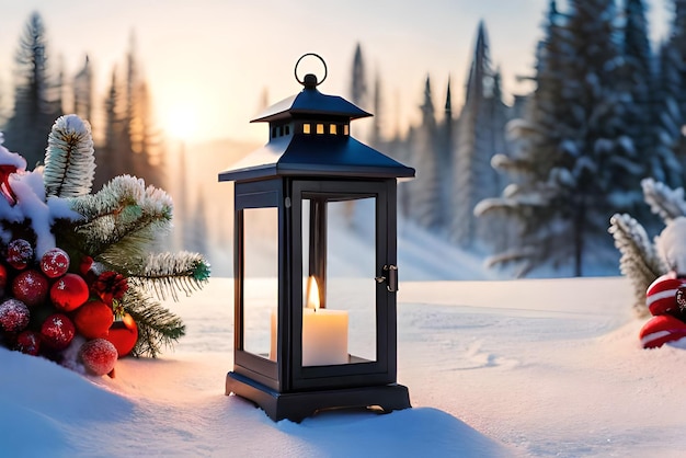 photo christmas lantern with fir branch and decoration on snowy table defocused background