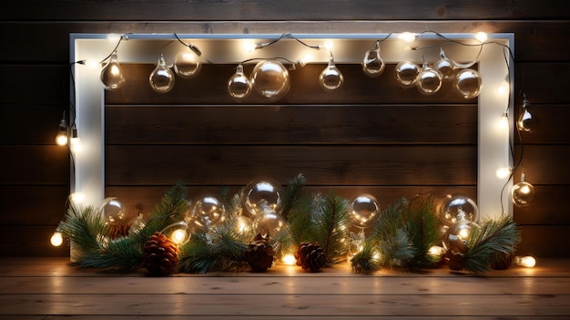 Photo christmas lights bulb and pine leaves decorat