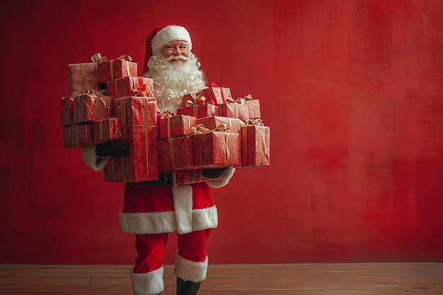 Photo photo of christmas santa claus with gift box white red background