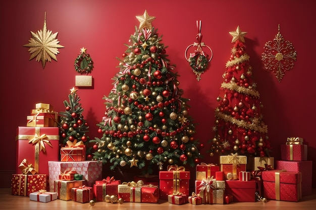 photo of a Christmas tree with gifts around it with a red theme