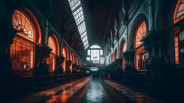 A photo of a church with a red light on the ceiling