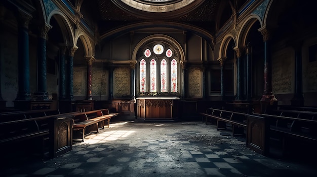 A photo of a church with a stained glass window in the middle