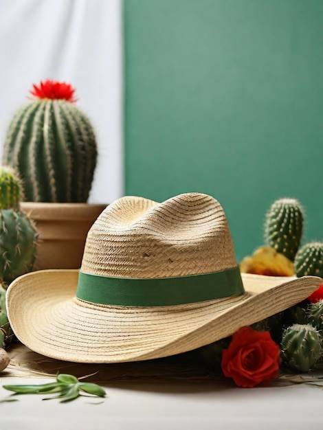 photo of a cinco de mayo maxican straw hat and green cactus