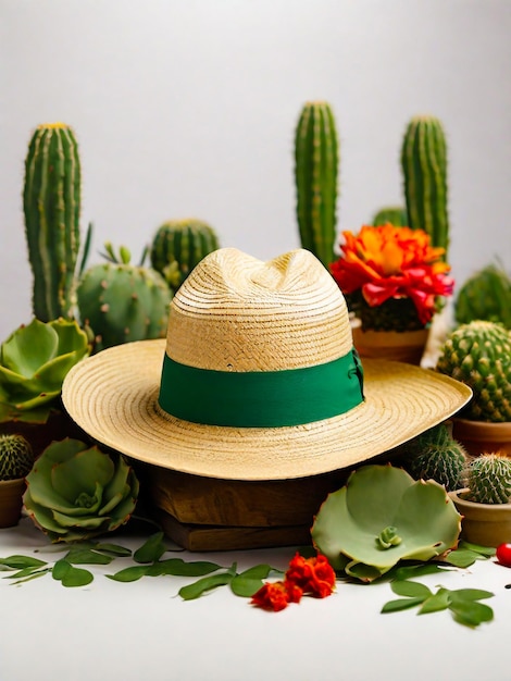 photo of a cinco de mayo maxican straw hat and green cactus