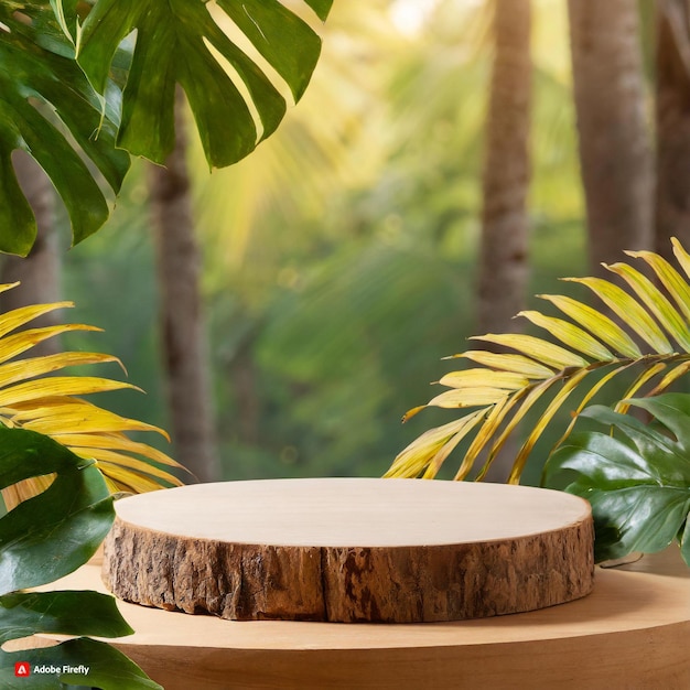 photo circle wood podium in tropical forest for product presentation and cream color background