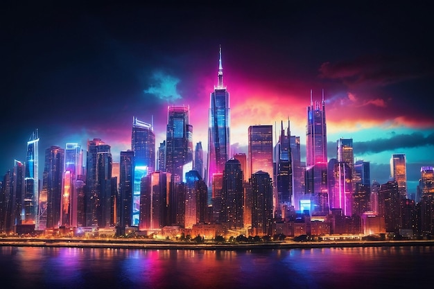 Photo of city skyline with colorful lights