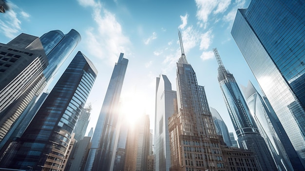 A photo of a cityscape with skyscrapers and the sun shining on it.