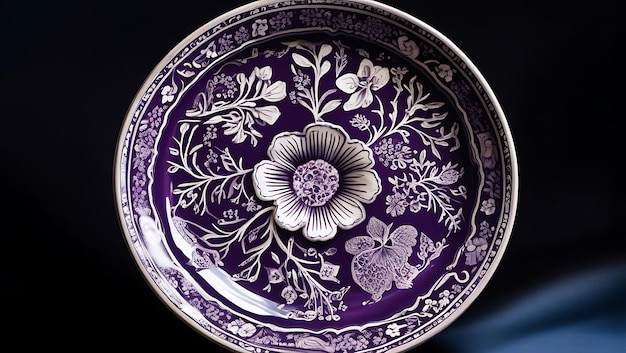 Photo of a classic floral plate with intricate designs on a deep purple background