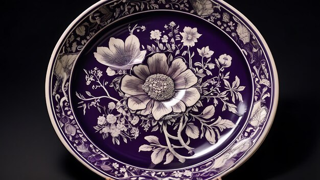 Photo of a classic floral plate with intricate designs on a deep purple background