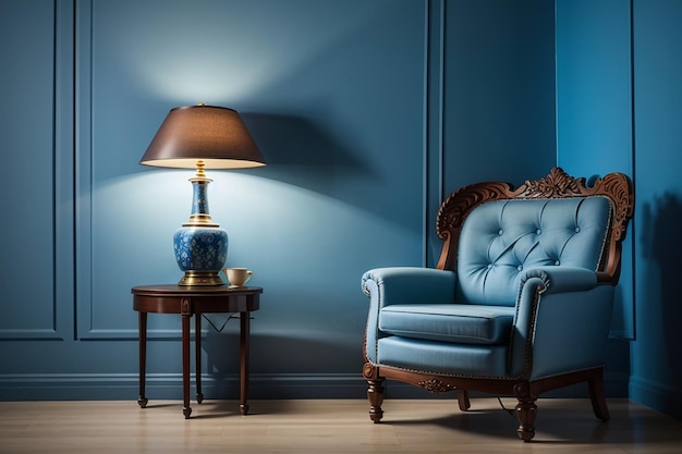 Photo classic style armchair with lamp and blue wall