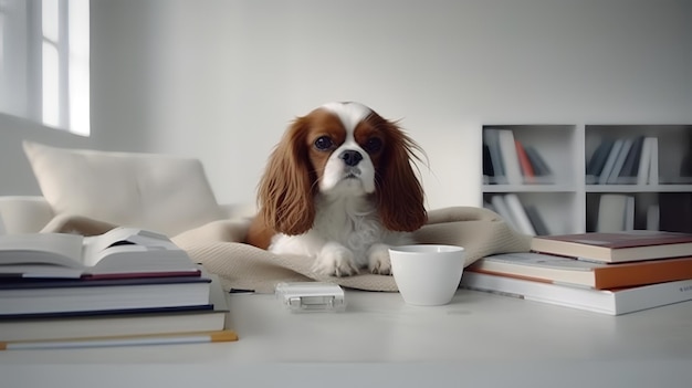 Photo of clever Cavalier sitting in a study with a mug and stacks of boo