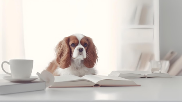 Photo of clever Cavalier sitting in a study with a mug and stacks of boo