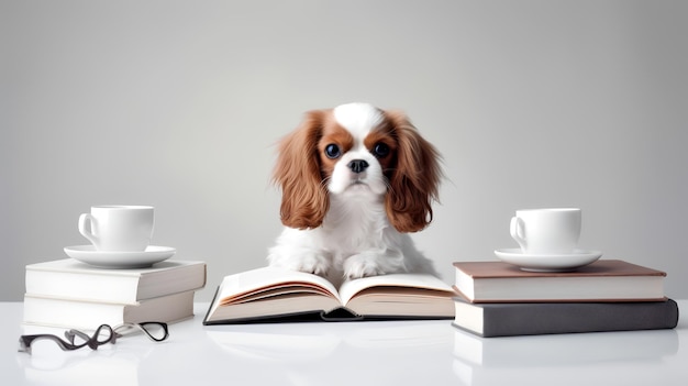 Photo of clever Cavalier sitting in a study with a mug and stacks of boo