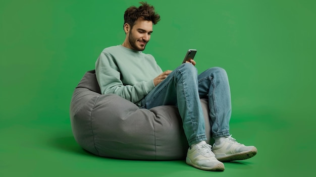 Photo of a Clever Man in Casual Attire Engrossed in His Smartphone on a Bean Bag