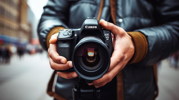 Photo of close up male hand holding a modern camera