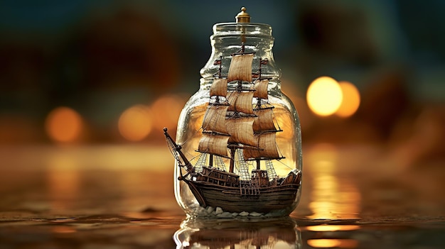 Photo close up old ship on bottle Generative AI