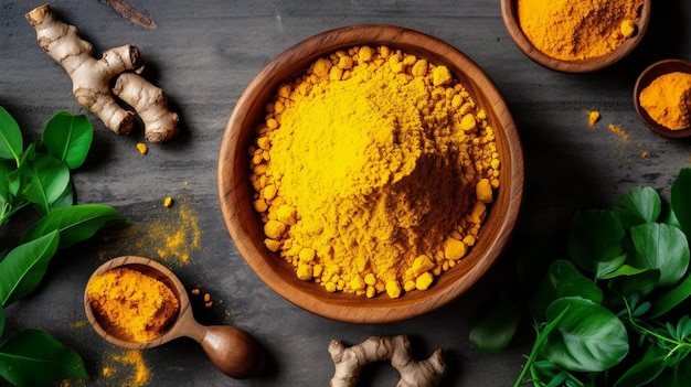 Photo of close up of turmeric or curcuma longa with powder