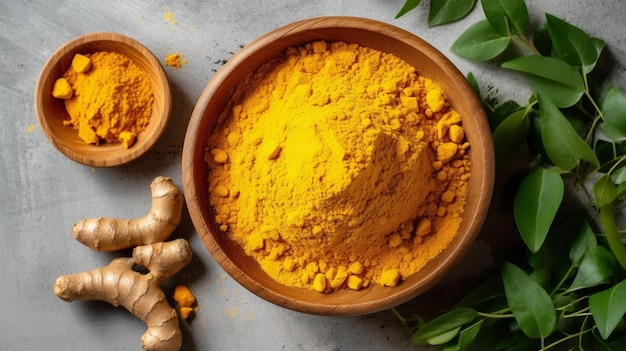 Photo of close up of turmeric or curcuma longa with powder