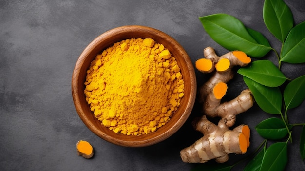 Photo of close up of turmeric or curcuma longa with powder