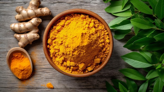 Photo of close up of turmeric or curcuma longa with powder