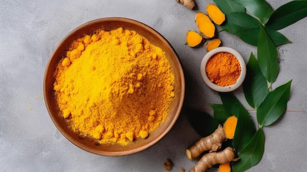 Photo of close up of turmeric or curcuma longa with powder