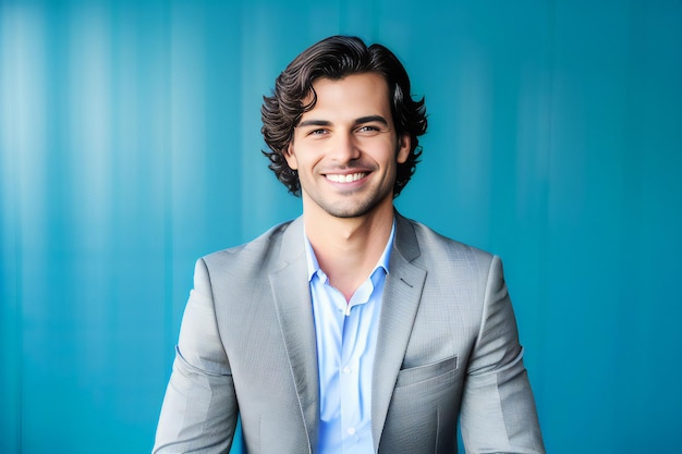 photo close-up of young successful man smiling at camera, standing in casual outfit against blue bac