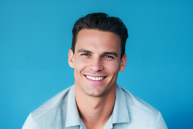 photo close-up of young successful man smiling at camera, standing in casual outfit against blue bac