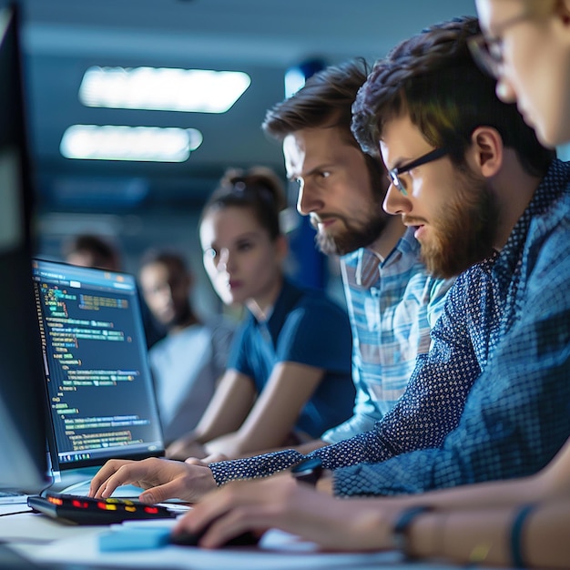 Photo closeup of computer programmers discussing over computer monitor in office