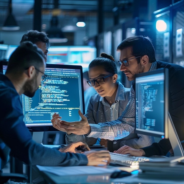 Photo closeup of computer programmers discussing over computer monitor in office