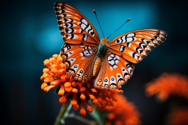 photo closeup shot of a beautiful butterfly with interesting textures on an orangepetaled flower