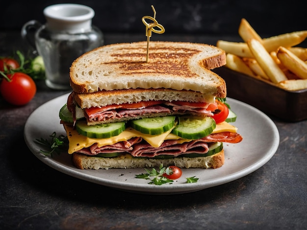 photo club sandwich with cheese cucumber tomato smoked meat and salami served with french fries