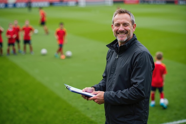 Photo photo of coach instructor trainer teaching teenage player at soccer field generative ai