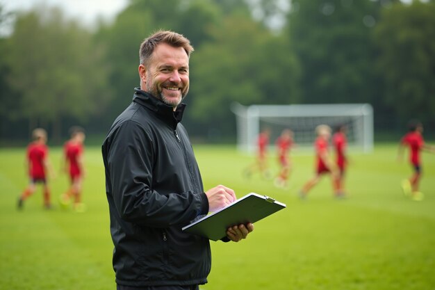 Photo photo of coach instructor trainer teaching teenage player at soccer field generative ai