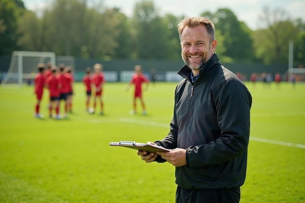 Photo photo of coach instructor trainer teaching teenage player at soccer field generative ai