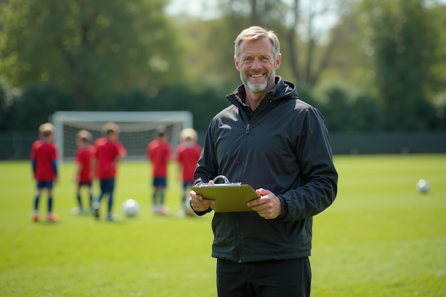 Photo photo of coach instructor trainer teaching teenage player at soccer field generative ai