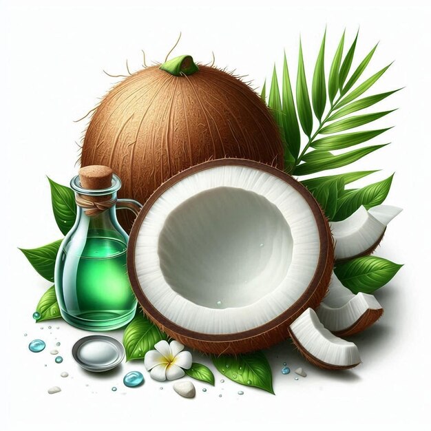 Photo coconut with cut in half and green leaves isolated on a white background