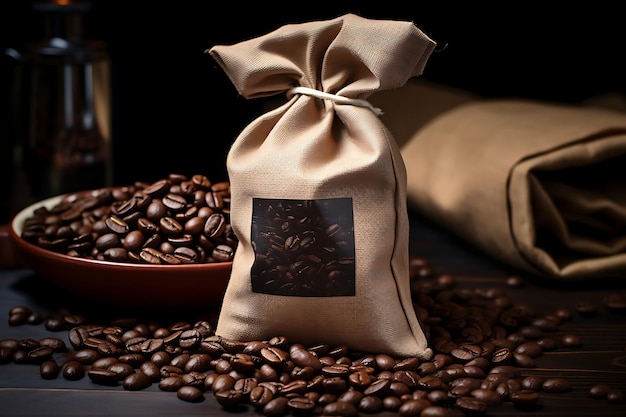 Photo of Coffee beans in a coffee bag with a scoop