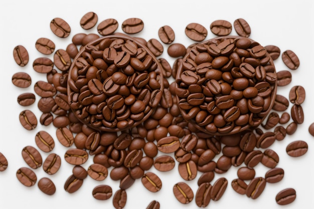 photo coffee beans levitate on a white background