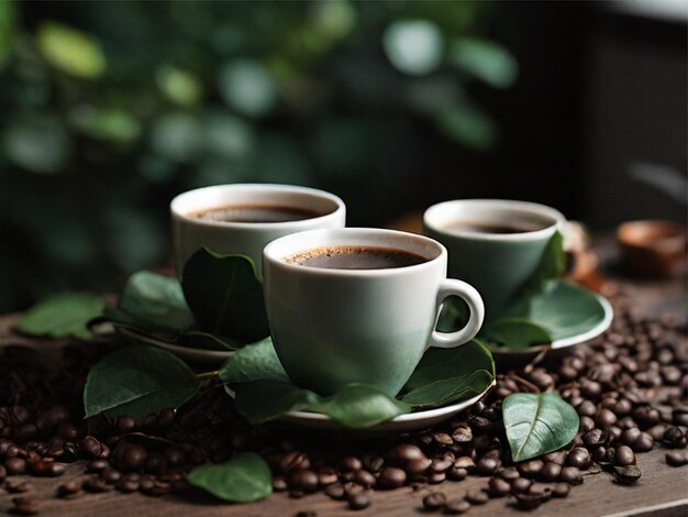 photo of coffee cups on a table with full of coffee leaves