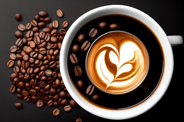 Photo coffee mug on a table with beans on a wooden table