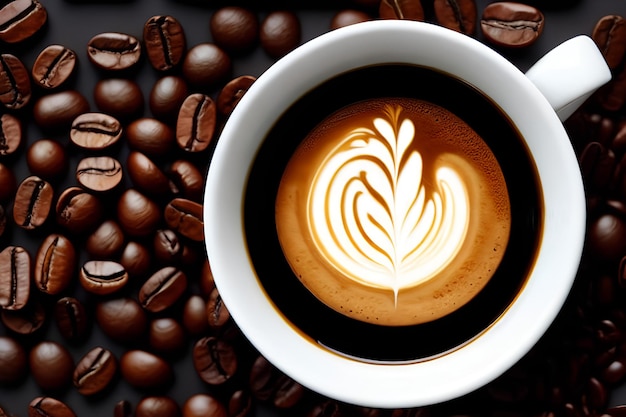 Photo coffee mug on a table with beans on a wooden table