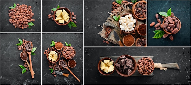 Photo collage of cocoa beans, cocoa powder, chocolate, cocoa butter. Top view.