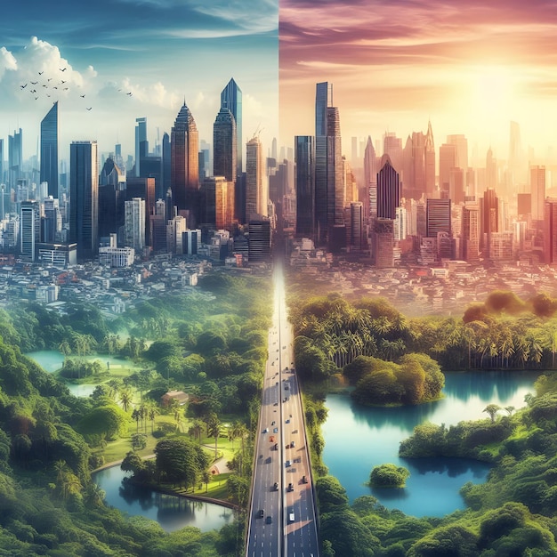 photo collage combining city scenes with peaceful nature