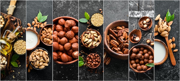 Photo of collage of nuts on black background Food banner