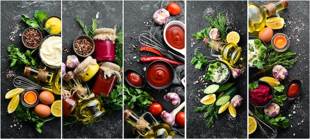 Photo photo collage of sauces spices and herbs on black stone background