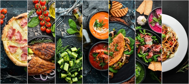 Photo collage Set of food and dishes on black stone background