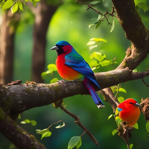 Photo a colorful bird sits on a branch in the forest aigenerated